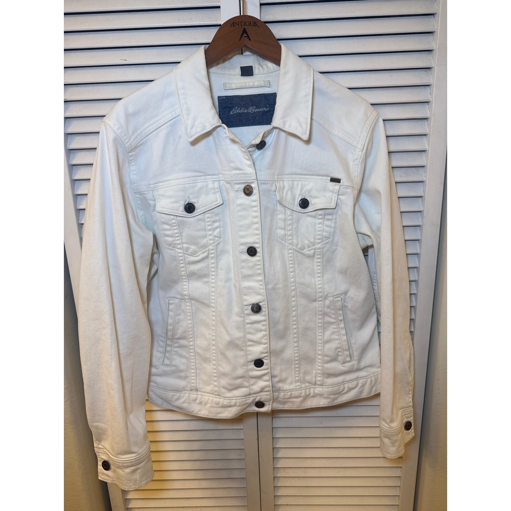 Eddie Bauer Womens XL White Denim Trucker Jacket Button Front Stretch Cotton